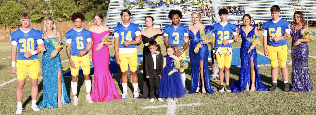 2024 HOLDENVILLE FOOTBALL HOMECOMING COURT. Pictured above are Bo Black, Dixie Gamble, Case Sipes, Jenna McCoy, Xavier Randall, Natalie Jennings, Malachi Henderson, Queen Ally Inselman, Adams, Rylee Eckles, Trey Carter, and Lexxi Goolsby.
