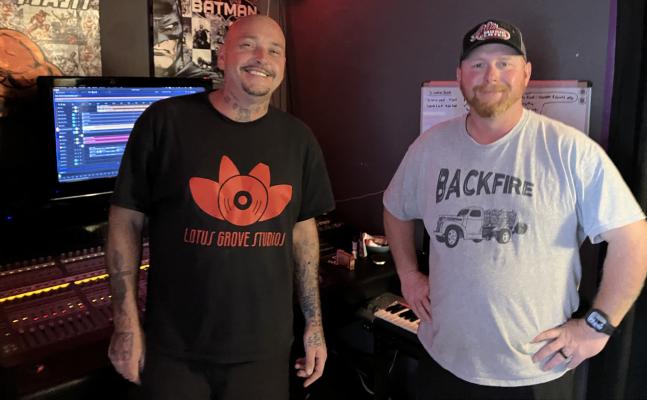 OKLAHOMA STRONG - BJ “Lorde Butta” Owens, owner of Lotus Grove Studios in Holdenville (left), was greatly impressed the first time he heard a short clip of the song, Oklahoma Strong, James Ross, left, was writing. Owens dropped his studio fees and recruited a large number of area musicians, producers, and business owners to help record and promote the song, with proceeds being donated to the families of the two victims that were claimed by the April 27 tornado that struck Holdenville.