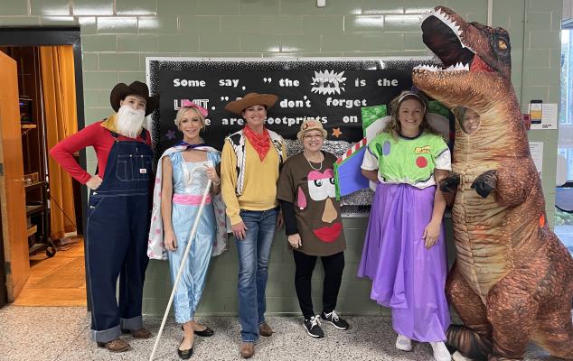 YOU’VE GOT A FRIEND IN US! The administration and staff at Reed Elementary went as the cast of Toy Story for Halloween this year. Pictured (L-R): Breanna Sanford, Principal Danielle Patterson, Diane McCoy, Stephanie Jennings, Koral Linker, and Kristin Hall.