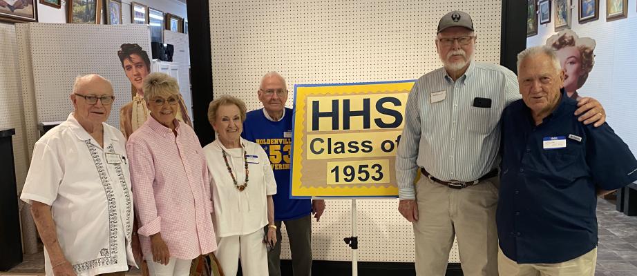 HHS CLASS OF 1953 recently held their 70th school reunion at HSPS Art Center in Holdenville. Pictured above are: Lonnie Chesnutt, Carol Pryor, Rena Jo Sandlin Fudge, John Bill Martin, Ralph Jennings, and Eddie Mills. And making a surprise appearance was Elvis Presley.