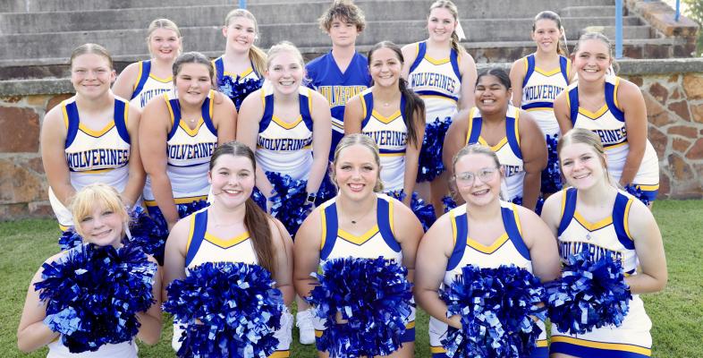 THE HOLDENVILLE HIGH SCHOOL VARSITY CHEERLEADERS WILL BE CHEERING FOR THE BLUE AND GOLD AT EVERY FOOTBALL GAME. The cheer team members are: Front row- Left to right- Serenity Hubbard, Tristan Goodman, Allyson Inselman, Addison Carter, Scarlett Irby. Middle Row-Left to right- Chloe Allison, Matty Jones, Peyton Lockhart, Rylee Eckles, Kaytlynn King, Maddy Wilkerson. Back row- Left to right- Elizabeth Swadley, Serenity Hughes, Matthew Gibb, Lilly Scroggins, Lainee Yates.