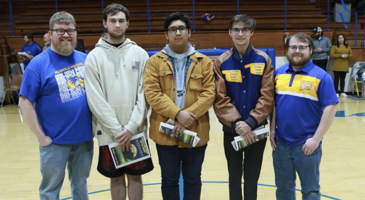 Pictured above with Holdenville Band Director Sam Crosby (Left) and Assistant Band Director McKean Akin (Right) are Senior band members Lankston Pembrook, Gabriel Gonzalez, and Mayson Carpitcher.
