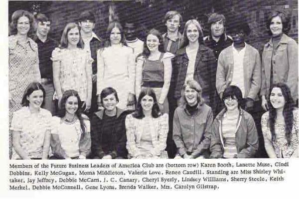 Members of the Future Business l.gAdara of America Club are (bottom row) Karen Booth. Lanette Muse, Cindi Dobbins. Kelly McGugan, Moina Middleton. Valerie Love., Renee Caudill. Standing arc Miss Shirley Whitaker. Jay Jeffrey. Debbie McCain. J. C. Canary, Clier/1 Byerly, Lindsey Williams. Sherry Steele, Keith Merkel, Debbie McConnell. Gene Lyons. Brenda Walker. Mrs. Carolyn GilstTap.