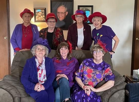 THOSE ATTENDING THE THANKSGIVING DINNER FOR THE HUGHES COUNTY RED HATS WERE Joyce Yates, Sharon Dilday; our birthday girl, Wanda Shaw, Dell Marie Lowe, Linda Tyler, Glenda Stinson and Lynn Marquis.