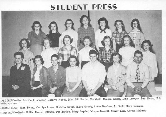 'IRST ROW—Mrs. Ida Cook, sponsor, Carolvn Hayes, John Bill Martin, Marybeth Mathis, Editor, Dale Lawyer, Sue Morse, Bob ilavin, sponsor iECOND ROW: Ellen Ewing, Carolyn Lucas, Barbara Doyle, Billye Gentry, Linda Renfrew, Jo Cook, Mary Johnston ’HIRD ROW—Linda Hollis. Marion Pittman, Pat Bartlett, Mary Snyder, Margie Metcalf, Nancy Karr, Carole McLcrrty