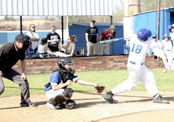 There was plenty of action at last weeks baseball contest between Moss Junior High and Holdenville Junior High. Holdenville batter, Wyatt Stafford took a good swing at a pitch while Moss catcher,Jayden Priest trie to corral the ball.