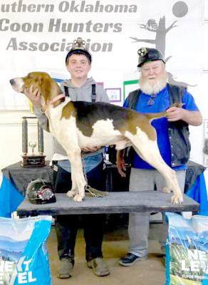 He is pictured with his dog “Rock”, who he got from County Commissioner Kelly Campbell, who is very helpful to the youth in this sport. Also pictured is Don Sims of Allen, who has been so helpful in taking Jeffery to competition hunts that are out of the area. Jeffery was born and raised here and is the son of James and Kara Pembrook. He has five brothers and one sister, and they all participate in the hunts as well. Jeffery is a ninth-grade student at Holdenville High School.
