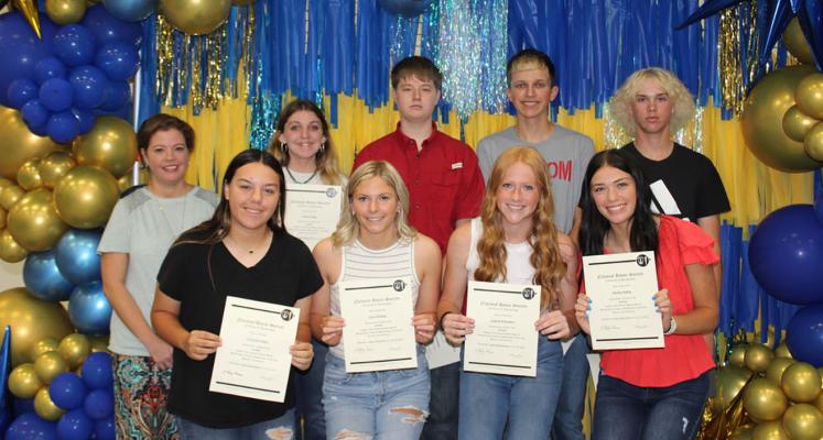 Mrs. Lee and the Sophomore NHS Inductees - Gracelyn Wulf, Avery Tyler, Ava O’Kelley, Kash Van Haren, Gracie Provence, Grady Mills, Harlee Nolen, and Orion Pointer.