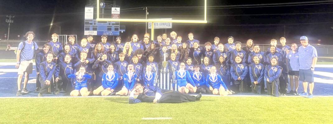 Wonderful day in Glenpool at the Blue and Grey Marching Classic yesterday! The Golden Pride took home the Grand Champion trophy as well as high Music and General Effect caption awards. Band Director Sam Crosby says, “I am incredibly proud of the hard work of our students, and grateful for the support of the parents and administration. I feel so lucky to get to a part of something so special.”