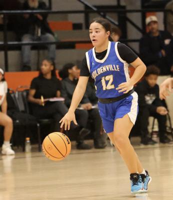 Wolverine guard, Lexxi Goolsby brings the ball up the floor in Holdenville’s game with Wewoka. Holdenville will host McLoud for their first home game on Tuesday.