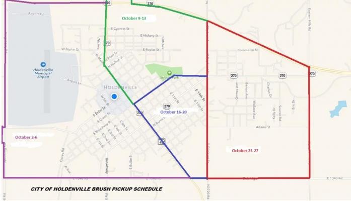CITY WIDE BRUSH AND LIMB PICK UP – This map shows the four sections Holdenville has been divided into for brush and limb pickup. Each week a different section will receive free, curbside brush and limb pickup service. All limbs and brush should be placed off the street between the sidewalk and the curb.