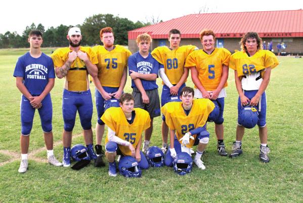 A These Wolverines will begin their senior season when Holdenville hosts Wewoka Friday night. The seniors are (left to right) top- Layton Richmond, Josh Strickland, Leroy Grizzle, Matt Cox, Jimmy Sipes, Cory Skeen, Cody McFarland. Bottom- Dylan Jay, Jacob Young.