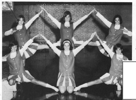 The enthusiastic cheerleaders for the freshman team were: Gloria Hall, Annette Troup, and Shelley Lynch. Second Row: Cathi Bennett, Paula McCoy, and Tanda Bible.