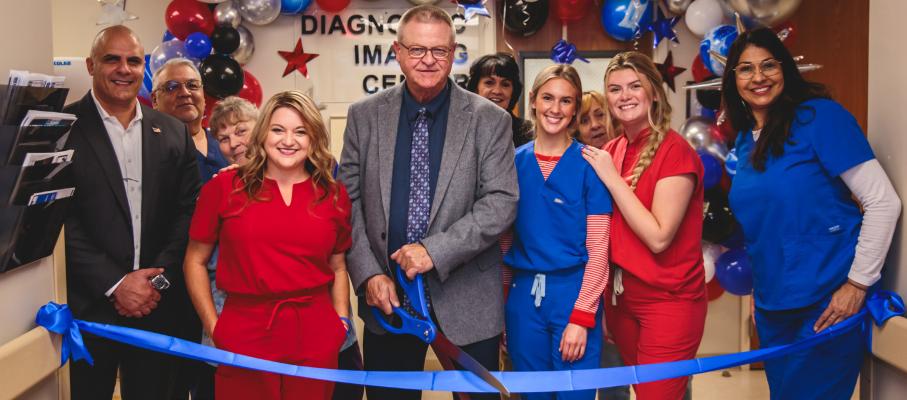THOSE ATTENDING THE HOLDENVILLE GENERAL HOSPITAL MRI RIBBON CUTTING WERE (left to right): (front) Roger Antoine, Canon Medical; Melissa Gardner, R.T. (R)(M) Director of Radiology/MRI Technologist; Stephen Stewart, Holdenville General Hospital CEO; Mikayla Cartlidge, R.T.; Carli Stafford, US/Echo Tech; Lisa Crawford, R.T., MRI Technologist. (Back Row) Paul Impson, R.T.A.; Janice Choate, R.T.; Tonja Weaver, Chamber President; Roberta Davis, Chamber Secretary.