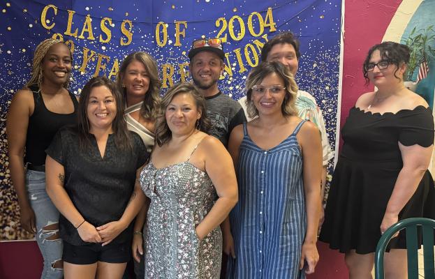 HOLDENVILLE HIGH SCHOOL CLASS OF 2004 GATHERED RECENTLY FOR THEIR 20TH HIGH SCHOOL REUNION. Those in attendance are pictured above (Front Row (L-R): Crystal Mooney, Marisela Corranza, Dusti Nolen. Back Row: Nyeisha Caldwell, Maryanne Gentry, Jeremy Swadley, Jordan House, and Vanessa Conley