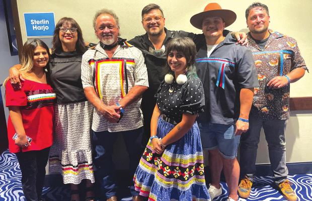 STERLIN HARJO’S FAMILY WAS ALL SMILES AT THE SCREENING OF HIS NEW SHOW RESERVATION DOGS PREMIERING AUGUST 9 ON FX ON HULU. Pictured L to R: Sterlin’s sister Nina Harjo, mother, Nan Harjo, father Brownie Harjo, Sterlin Harjo, daughter Portland Harjo, brother Bronnson Tre Harjo, and brother Rockee Beau Harjo.