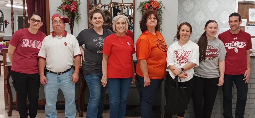 HERITAGE VILLAGE STAFF MEMBERS CELEBRATED NURSING HOME WEEK THIS PAST WEEK. They had crazy hair day, inside out day, hat day, and picture above on favorite team day were staff members (L-R): Bridget Thronton, Ron Stanley, Felicia Mairel, Joquuetta Lee, Tamm Venable, Abby Hellman, Shelby Gillean, and Ty Cooper.