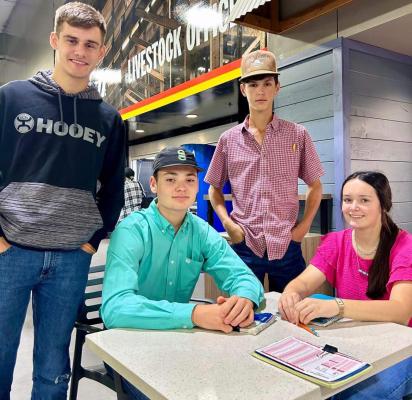 MOSS FFA LIVESTOCK JUDGING TEAM TRAVELED TO THE TULSA STATE FAIR ON OCTOBER 5TH. THEY PLACED 5TH AS A TEAM AND LATHAN ROGERS WAS FIRST HIGH OVERALL INDIVIDUAL. Pictured from left to right: Noah Gentry, Lathan Rogers, Tredyn Armstrong, and Jonna Lacey.