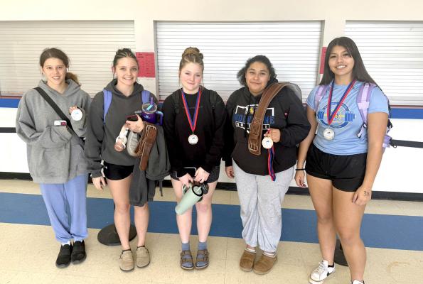 The Holdenville High School Girls’ Powerlifting Team continues to bring home the hardware. Left to right Lainee Yates, Madisyn Wilkerson, Lani Dentler, Raelee Johnson and Kylierae Leftwich.