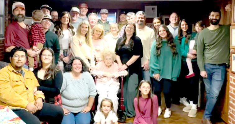 Family and friends all gathered in her home to celebrate. Those pictured with Jean above are: Row 1: Gabe Gonzalez, Abi Phillips, Amanda Phillips, Jean Phillips, Adelynn Fredrickson, Alex Phillips. Row 2: Shane Phillips, Urban Phillips, Dax Carter, Lindsey Phillips, Angie Norman, Debbie Phillips, Terri Phillips, Alisha Fredrickson, Michael Fredrickson, Emma Norman, Chase Phillips. Row 3: Eyan Norman, Chris Hauger, Monte Phillips, Case Phillips, Dennis Phillips, Jesse Phillips, Brad Norman, Gary Phillips, Ba