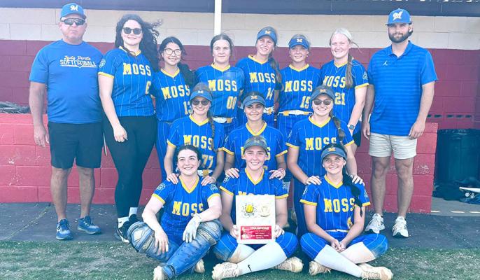 MOSS LADY PIRATES SLOW PITCH TEAM WETUMKA TOURNAMENT CHAMPIONS—Back row: Head Coach Mark Qualls, Josslynn Rollins, Bryleigh Jordan, Kinzlie Barbre, Landri Mills, Graclee Huff, Graycee Janes, Assistant Coach Tucker Brown; Middle row: Paycee Van Haren, Tara Keesee, Sloane Van Haren; Front row; Kara Mayfield, Elexis Stafford, Tanna Brown