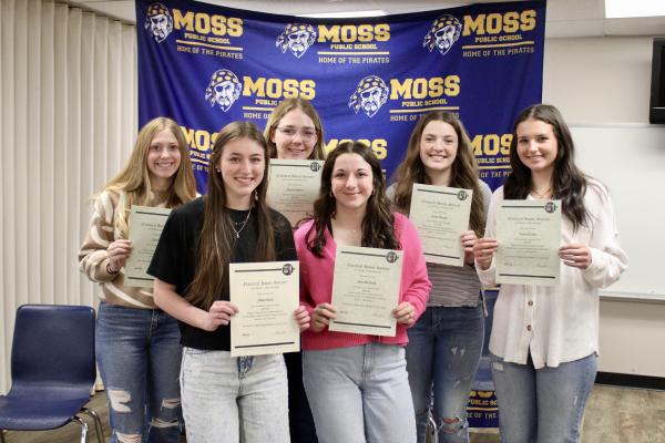 MOSS STUDENTS INDUCTED INTO MOSS CHAPTER NATIONAL HONOR SOCIETY— Pictured above: Front row: Chloe Stacy, Kara Mayfield. Back row: Reese Harris, Elexis Stafford, Laney Moreno, Tanna Brown. Not pictured: Lathan Rogers.