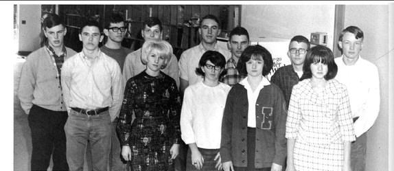 HHS students in the Math department at the Interscholastic Meet are: FIRST ROW: Ronald Pittman, Linda Albertson, Sandra Houston, Sue Walker, Karen Parsons. SECOND ROW: Hans Van Gendt, Kenneth Tate, Wallace Haskett, Johnny Fuller, Donald Pittman, Jerry Harwell, Gregory Puckett.