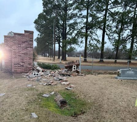 The main entrance to Holdenville Cemetery was vandalized last week by a suspect in his vehicle. The suspect has been identified and is facing city charges for leaving the scene of an accident. No other charges have been filed at this time.
