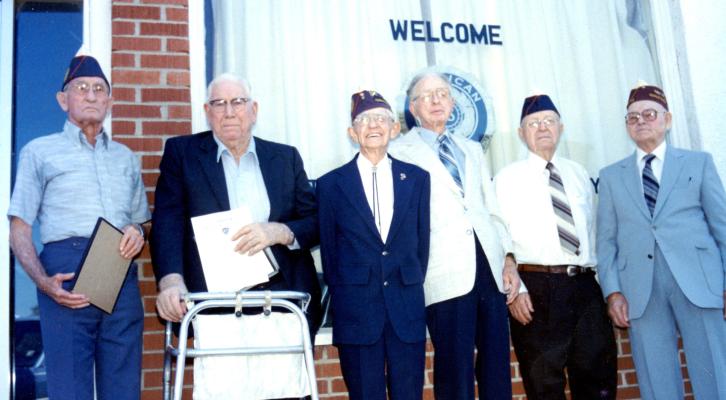 THESE HOLDENVILLE RESIDENTS WERE THE LAST WWI VETERANS WHEN THIS PICTURE WAS TAKEN. THEY ARE (LEFT TO RIGHT) Albert Bailey, Julius Venable, M.I. Shurley, J.B. Doyle, Charlie Moore and Henry Mullins.