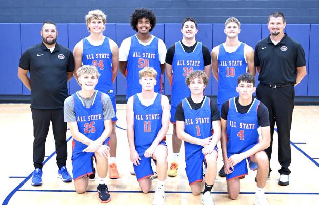 Wolverine Head Basketball Coach, Dillion Snow, coached the East Squad in the Oklahoma Coaches Association All-State Game. Snow coached the squad to a thrilling 94-92 victory, Coach Snow poised for a team picture with his assistant and his team: Front: Mason Kemp (Roland), Kale Brister (Caddo), Raidyn Knight (Roland), Canyon James (Rattan), Back: Coach Vince Chavez (Kellyville), Carson Schertz (Fairland), Jon Madkins (Varnum), Bryce Kaden (Paden), Chase Clark (Okay) Coach Dillion Snow.
