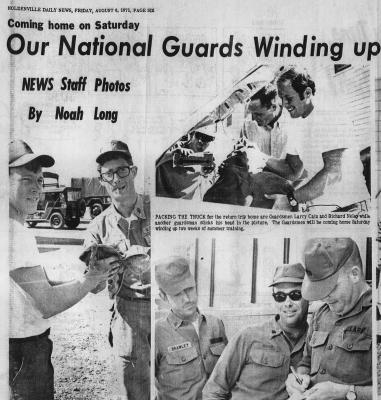 WINDING UP a day’s work are mechanics Rodney Sanders and Charlie Haley. The Holdenville unit is in charge of motor vehicle maintenance LOCAL GUARDSMAN Joe Brawley, Phillip Sharp, and Sgt. Wayne Smith...