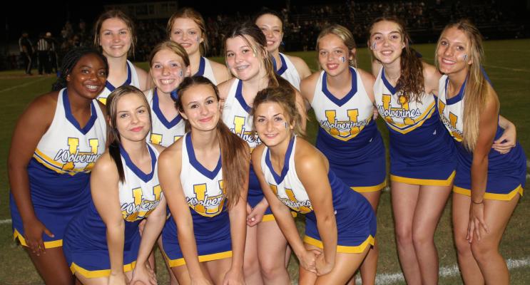 The Holdenville High School Cheerleaders were adding their support to the football team in the Wolverines 20-14 win over Meeker. Front row:L-R Makenzie Fowler, Gracie Story, Justice Morris Middle row: L-R Mylisha Allen, Peytyn Sneed, Tristan Goodman. Back row: L-R Lilly Scroggins, Audrey Miller Natalie Jennings, Ally Inselman, Sierra Crawford Makaylie Crawford.