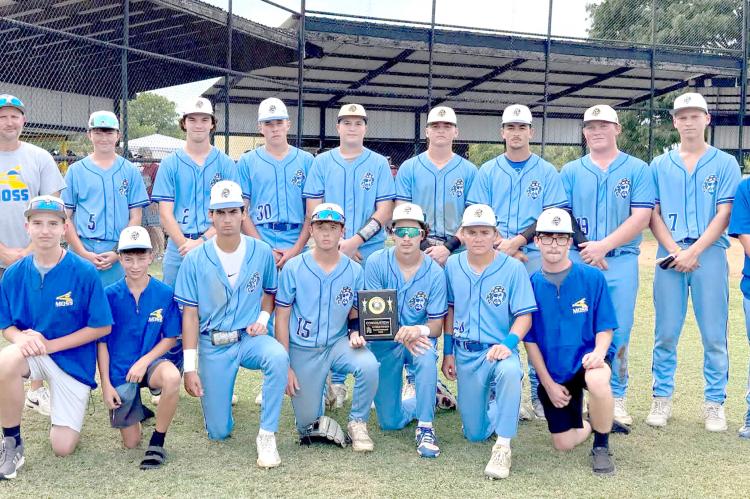 THE MOSS PIRATES BASEBALL TEAM BEAT CALERA IN THE TUPELO TOURNAMENT AND WERE CONSOLATION CHAMPIONS. Front row: Chance Brewer, Ryder Mudd, Gauge Lockhart, Levi Foster, Micah Wheeler, Tate Keesee, Brody Foster. Back row: Coach Michael Freeman, Jayden Priest, Garrett LaGrone, Jayden Hall, Easton Smith, Jackson O’Kelley, Landon Golden, Heston Nolen, Jameson O’Kelley, Coach Daxton Carter.