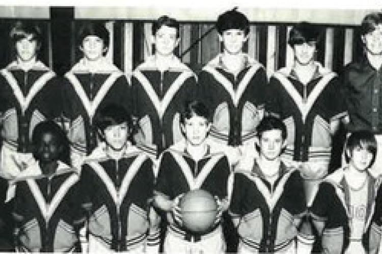 EIGHTH GRADE BOYS - (row 1) Richard Cud jo. Bobby Whitebird, David Daugherty, Marlin Davis, Scotty Brewer (row 2) John Moffeit, Guy Pryor, Richard Petete, Timmy Sexton, Terry Byerly, Coach Roger Morris.