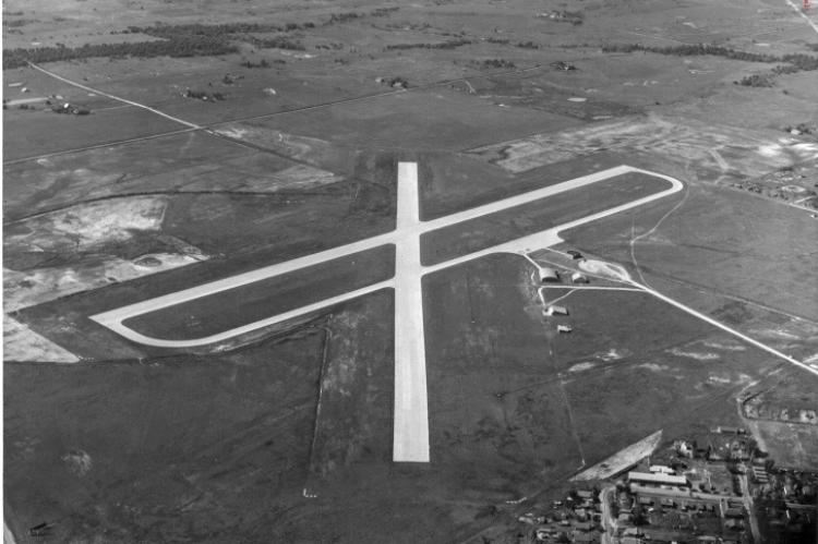 Aerial view of Holdenville Municipal Airport, 1949 (21810.593, Jim Cloud Collection, OHS).