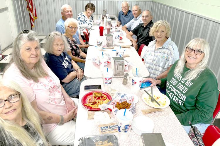 MEMBERS OF THE HHS CLASS OF 1967 HELD A REUNION RECENTLY. They met at Boom-a-Rang Diner and enjoyed delicious food, lots of fun and good fellowship. Thos attending were (left side of table) Melody Dobbins, Linda Rogers, Pat Shirley, Donna Hailey, Tom Turner, Jane Stafford. (right side of table) Sheila Dobbins, Bonnie Abernathy, Donald Pittman, Ronald Pittman and Larry Adams.