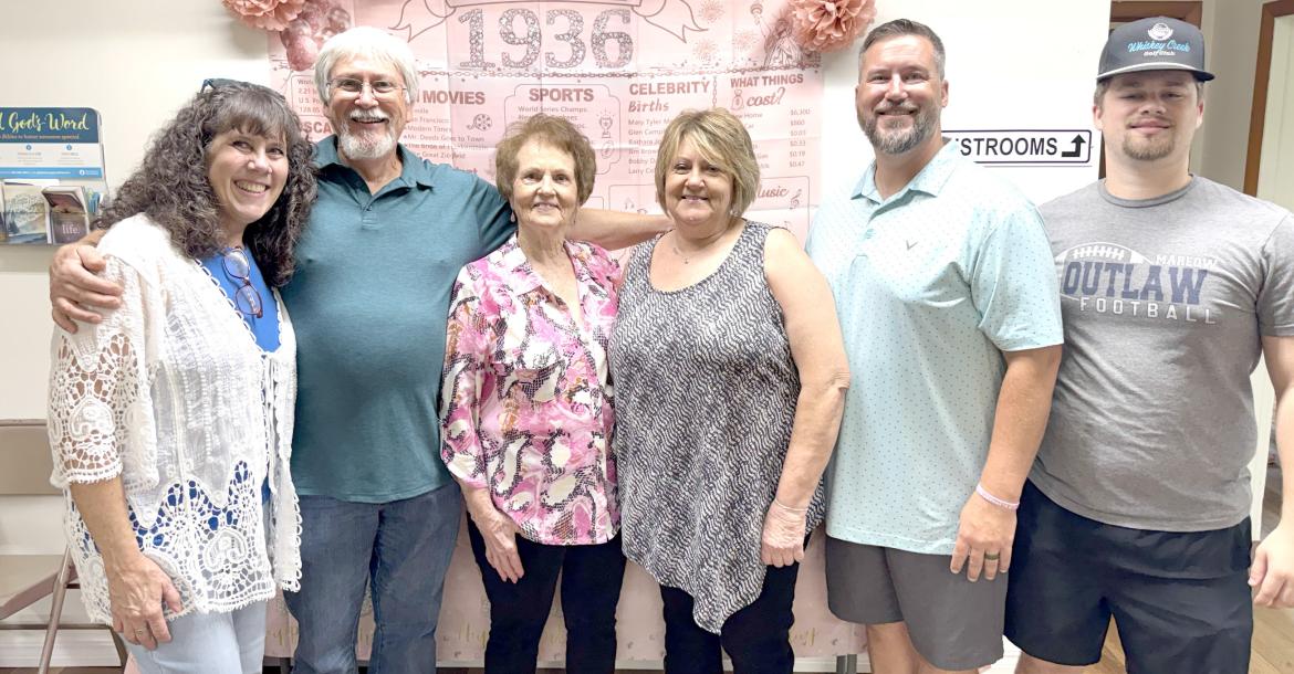 MELBA COOK RECENTLY CELEBRATED HER 90TH BIRTHDAY WITH FAMILY AND FRIENDS! There was a great turnout at a party filled with cake, punch, and lots of loving friends. Pictured above at the party are (L-R): Shannon Cook, Mike Cook, Melba Cook, Connie Streater, Brandon Cook, and Blayden Cook.