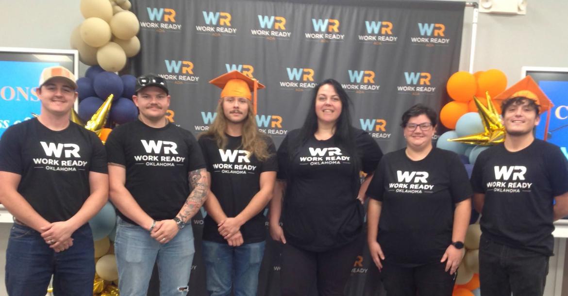 6 HUGHES COUNTY EMS EMPLOYEES RECENTLY COMPLETED WORK READY CERTIFICATION TRAINING AT PONTOTOC TECHNOLOGY CENTER. Pictured above are: Austin Peters, Tyler Choat, Tanner Hudson, Reni Redmond, ?, and Eli Smith