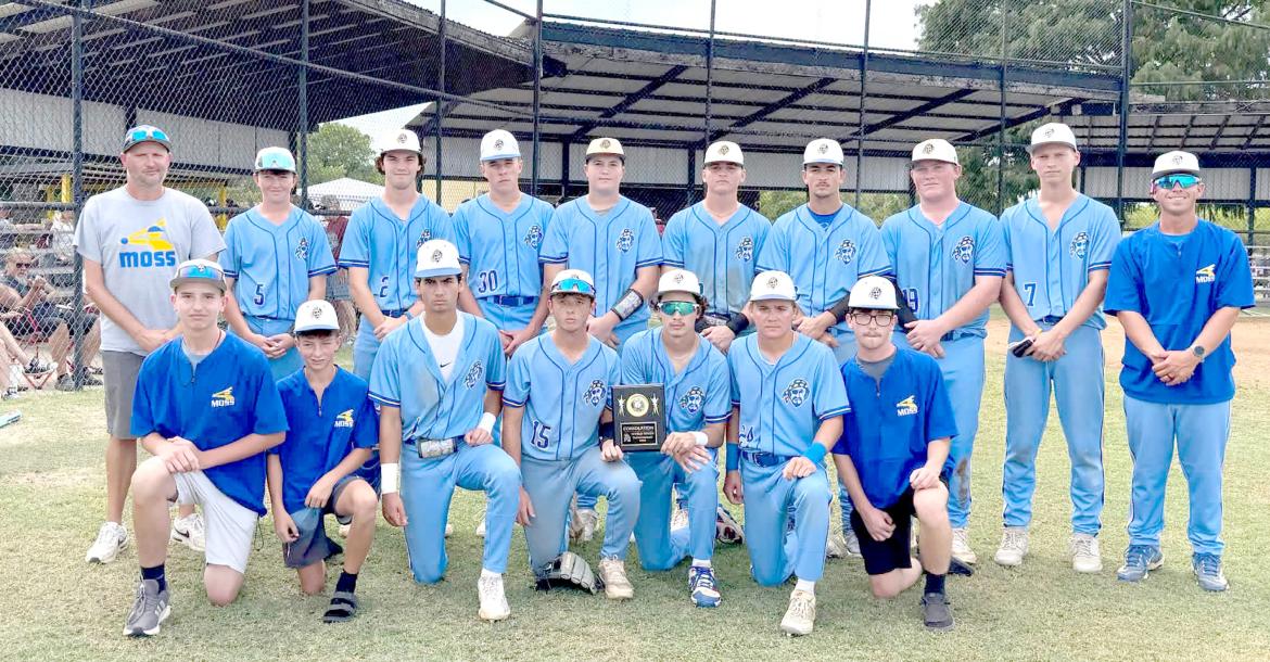 THE MOSS PIRATES BASEBALL TEAM BEAT CALERA IN THE TUPELO TOURNAMENT AND WERE CONSOLATION CHAMPIONS. Front row: Chance Brewer, Ryder Mudd, Gauge Lockhart, Levi Foster, Micah Wheeler, Tate Keesee, Brody Foster. Back row: Coach Michael Freeman, Jayden Priest, Garrett LaGrone, Jayden Hall, Easton Smith, Jackson O’Kelley, Landon Golden, Heston Nolen, Jameson O’Kelley, Coach Daxton Carter.