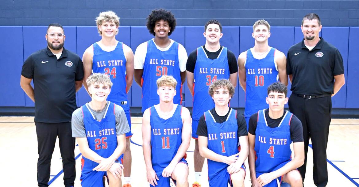 Wolverine Head Basketball Coach, Dillion Snow, coached the East Squad in the Oklahoma Coaches Association All-State Game. Snow coached the squad to a thrilling 94-92 victory, Coach Snow poised for a team picture with his assistant and his team: Front: Mason Kemp (Roland), Kale Brister (Caddo), Raidyn Knight (Roland), Canyon James (Rattan), Back: Coach Vince Chavez (Kellyville), Carson Schertz (Fairland), Jon Madkins (Varnum), Bryce Kaden (Paden), Chase Clark (Okay) Coach Dillion Snow.