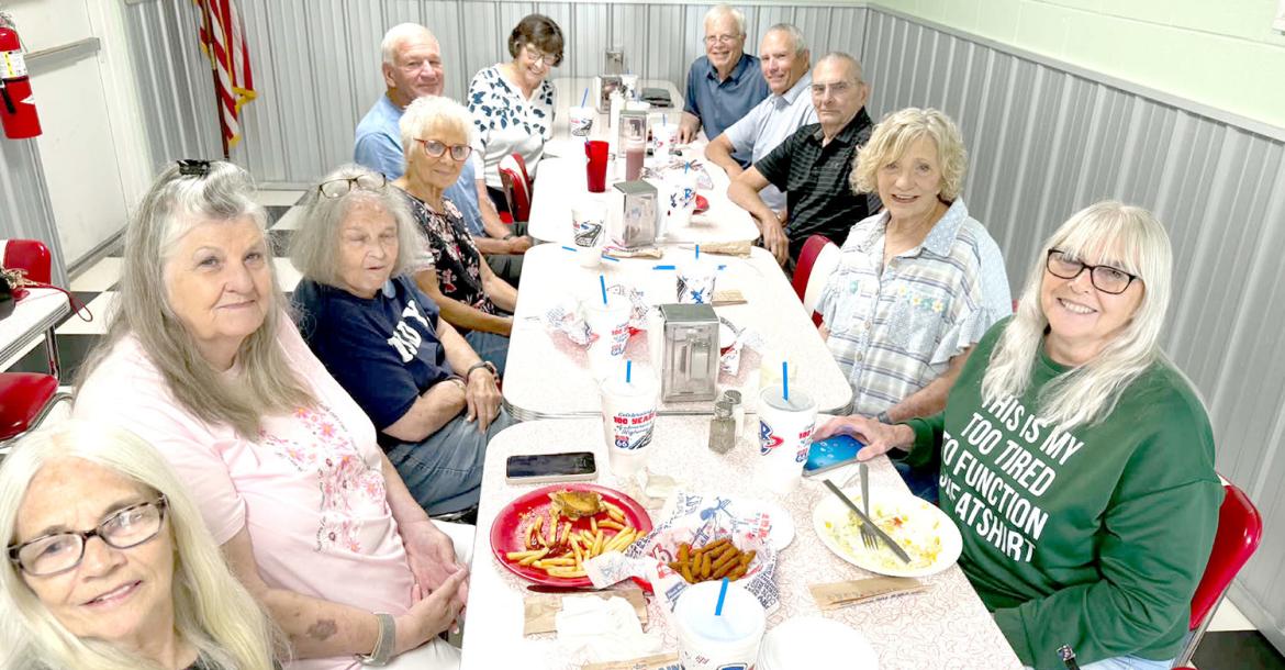 MEMBERS OF THE HHS CLASS OF 1967 HELD A REUNION RECENTLY. They met at Boom-a-Rang Diner and enjoyed delicious food, lots of fun and good fellowship. Thos attending were (left side of table) Melody Dobbins, Linda Rogers, Pat Shirley, Donna Hailey, Tom Turner, Jane Stafford. (right side of table) Sheila Dobbins, Bonnie Abernathy, Donald Pittman, Ronald Pittman and Larry Adams.