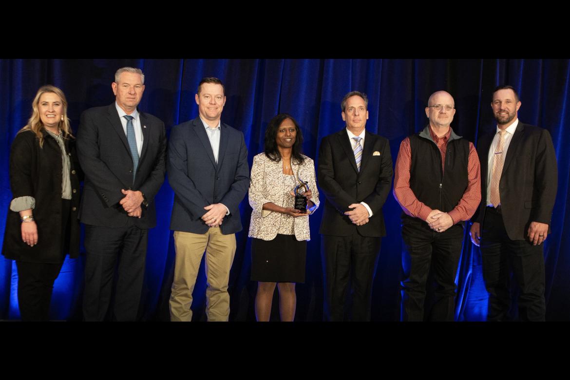 Pictured L to R: Skye McNeil, OkACTE Executive Director; Representative David Smith; Mike Lindley, WWTC Workforce and Economic Development Director; Sumitha Clanton, Lumatech CEO; Justin Clanton, Lumatech COO; Vic Woods, WWTC Superintendent; and Brent Haken, ODCTE State Director.